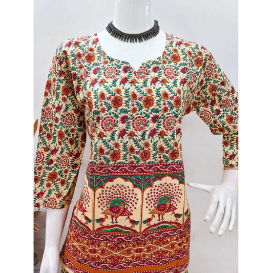 Indoraa Women's Cotton Jaipuri Printed 3-4th Sleeve Co ord Set (Multicolor)