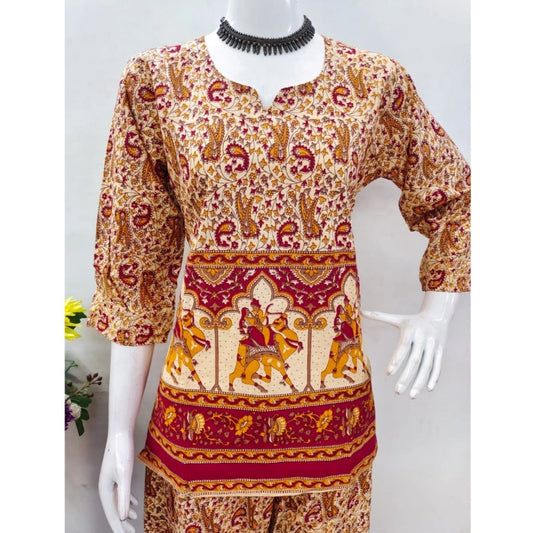 Indoraa Women's Cotton Jaipuri Printed 3-4th Sleeve Co ord Set (Multicolor)
