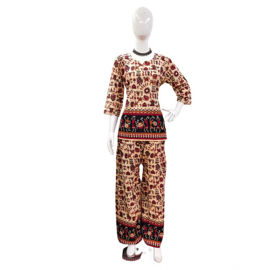 Indoraa Women's Cotton Jaipuri Printed 3-4th Sleeve Co ord Set (Multicolor)