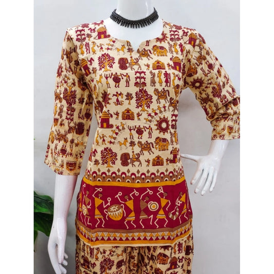 Indoraa Women's Cotton Jaipuri Printed 3-4th Sleeve Co ord Set (Multicolor)