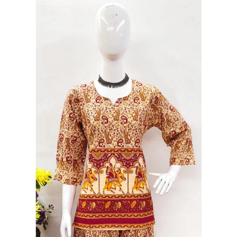 Indoraa Women's Cotton Jaipuri Printed 3-4th Sleeve Co ord Set (Multicolor)