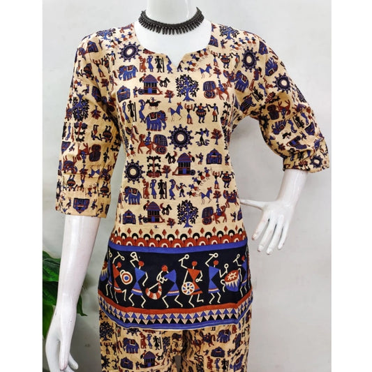 Indoraa Women's Cotton Jaipuri Printed 3-4th Sleeve Co ord Set (Multicolor)