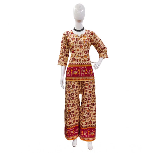 Indoraa Women's Cotton Jaipuri Printed 3-4th Sleeve Co ord Set (Multicolor)