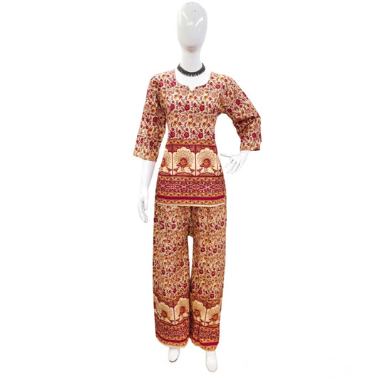 Indoraa Women's Cotton Jaipuri Printed 3-4th Sleeve Co ord Set (Multicolor)