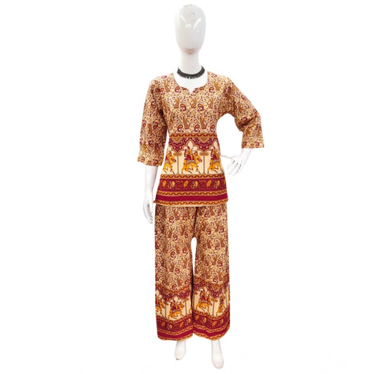 Indoraa Women's Cotton Jaipuri Printed 3-4th Sleeve Co ord Set (Multicolor)