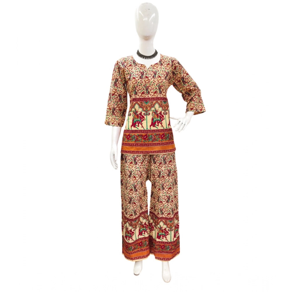 Indoraa Women's Cotton Jaipuri Printed 3-4th Sleeve Co ord Set (Multicolor)