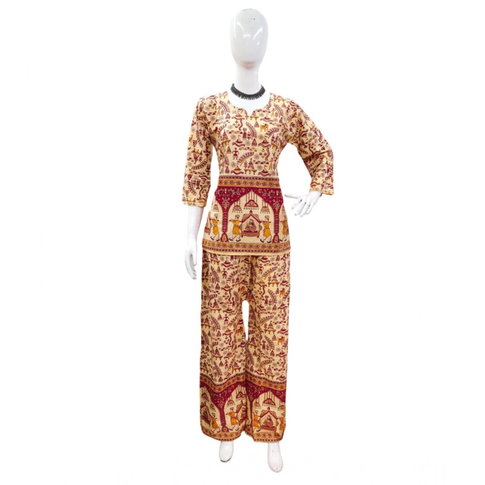 Indoraa Women's Cotton Jaipuri Printed 3-4th Sleeve Co ord Set (Multicolor)