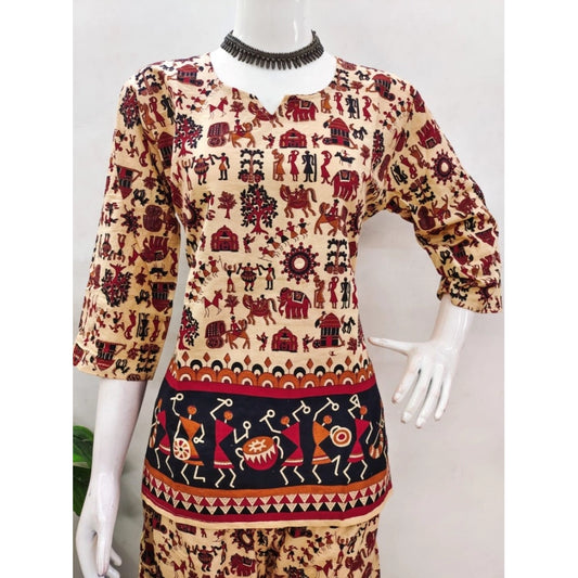 Indoraa Women's Cotton Jaipuri Printed 3-4th Sleeve Co ord Set (Multicolor)
