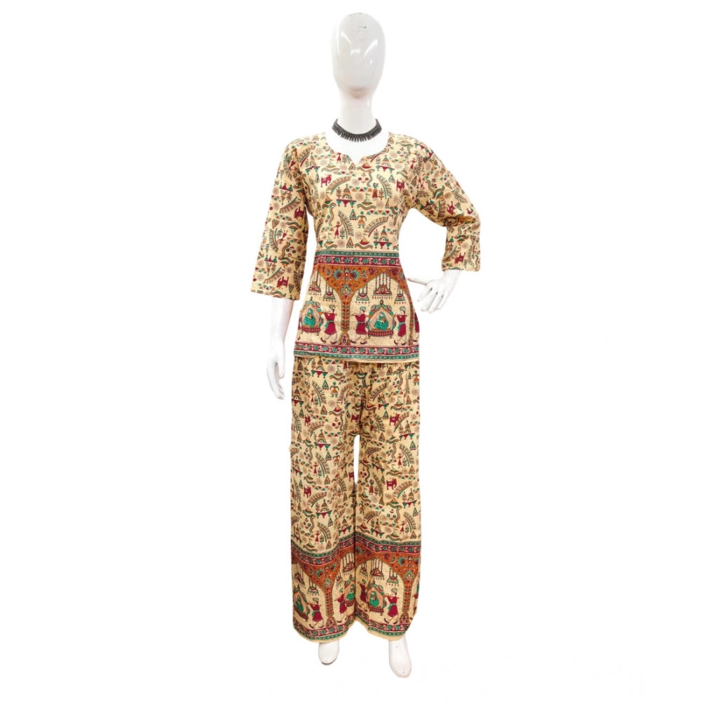 Indoraa Women's Cotton Jaipuri Printed 3-4th Sleeve Co ord Set (Multicolor)