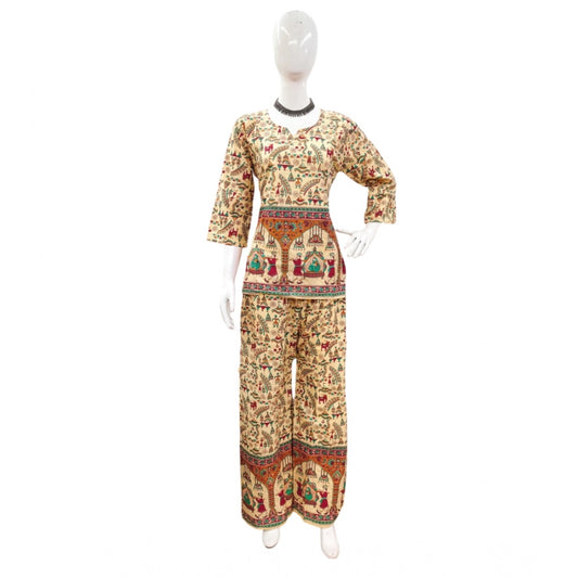 Indoraa Women's Cotton Jaipuri Printed 3-4th Sleeve Co ord Set (Multicolor)