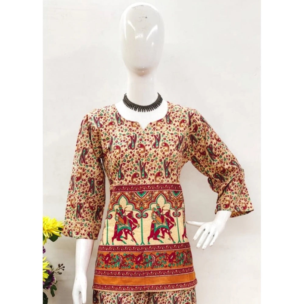 Indoraa Women's Cotton Jaipuri Printed 3-4th Sleeve Co ord Set (Multicolor)