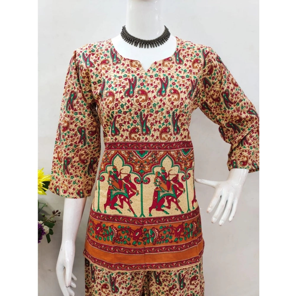 Indoraa Women's Cotton Jaipuri Printed 3-4th Sleeve Co ord Set (Multicolor)