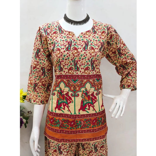 Indoraa Women's Cotton Jaipuri Printed 3-4th Sleeve Co ord Set (Multicolor)