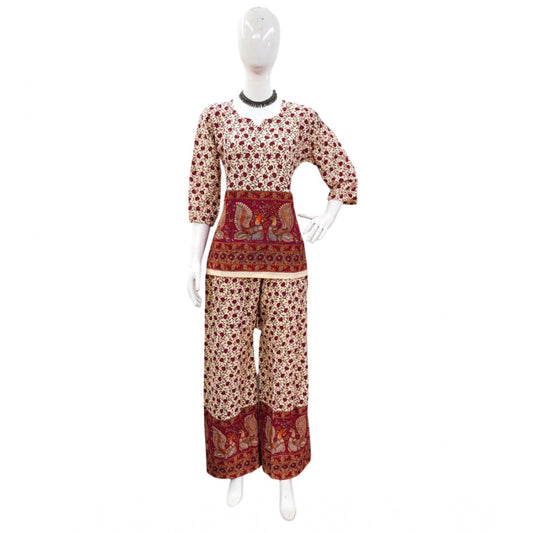 Indoraa Women's Cotton Jaipuri Printed 3-4th Sleeve Co ord Set (Multicolor)