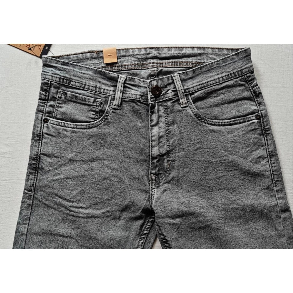 Indoraa Men's Cotton Blended Solid Tapered Jeans (Grey)