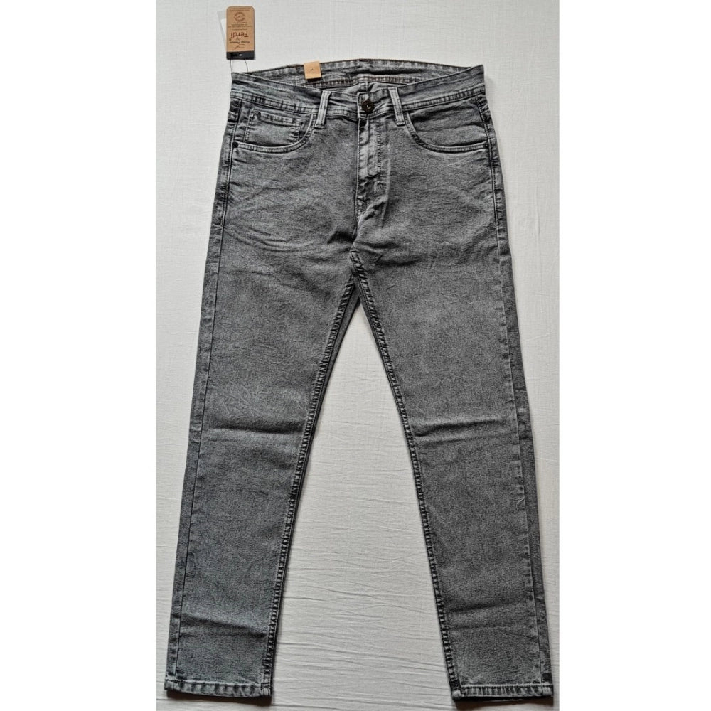 Indoraa Men's Cotton Blended Solid Tapered Jeans (Grey)
