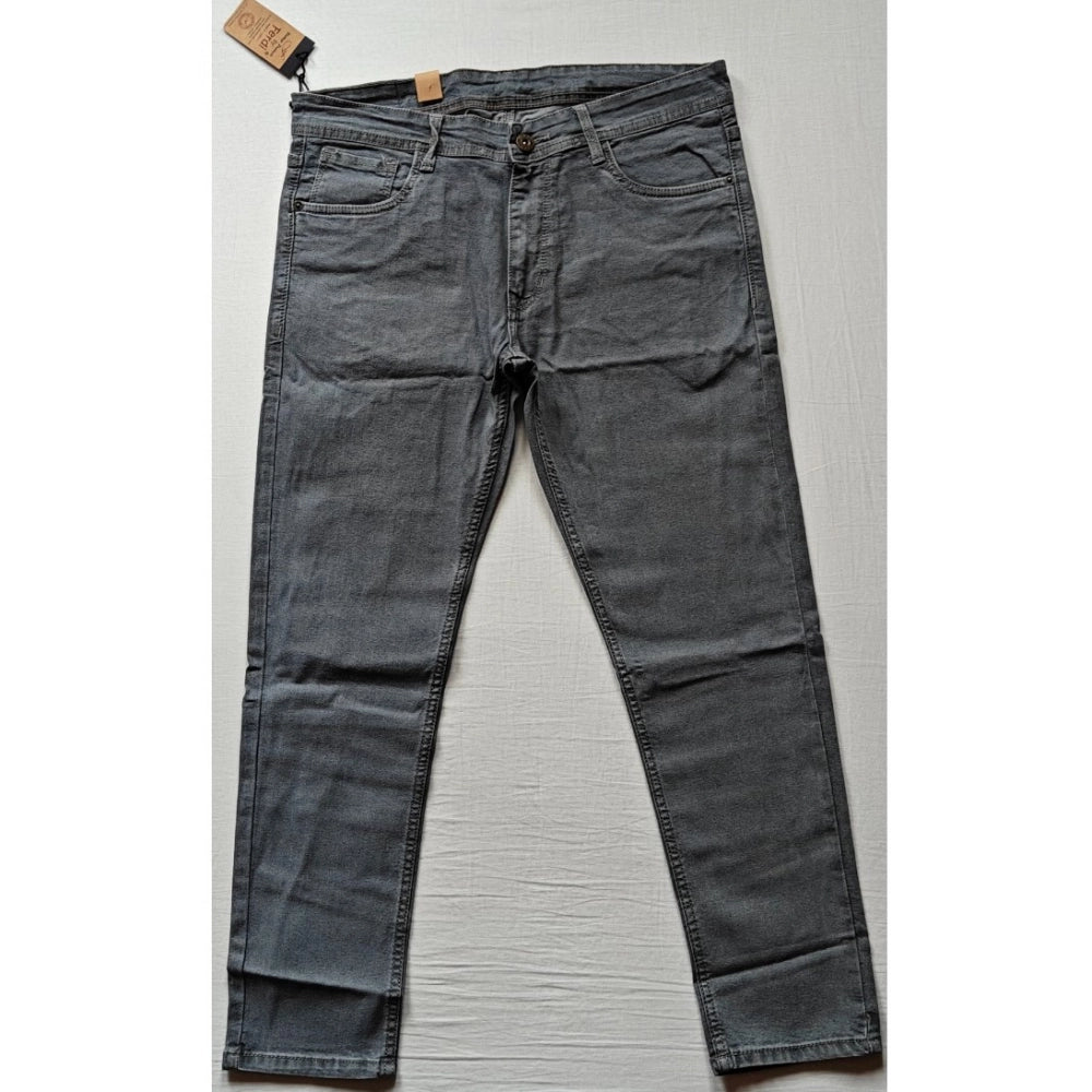 Indoraa Men's Cotton Blended Solid Tapered Jeans (Grey)