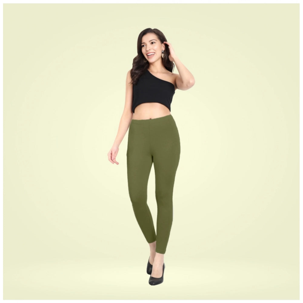 Indoraa Women's Cotton Blended Solid Ankle legging (Olive Green)
