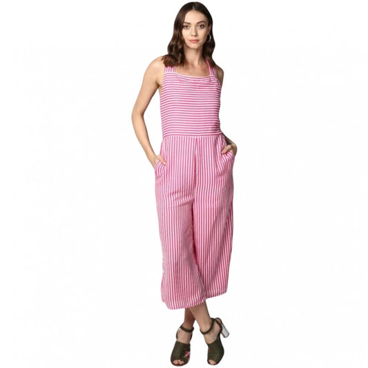 Indoraa Women's Polyester Striped Sleeveless Jumpsuit (Pink)
