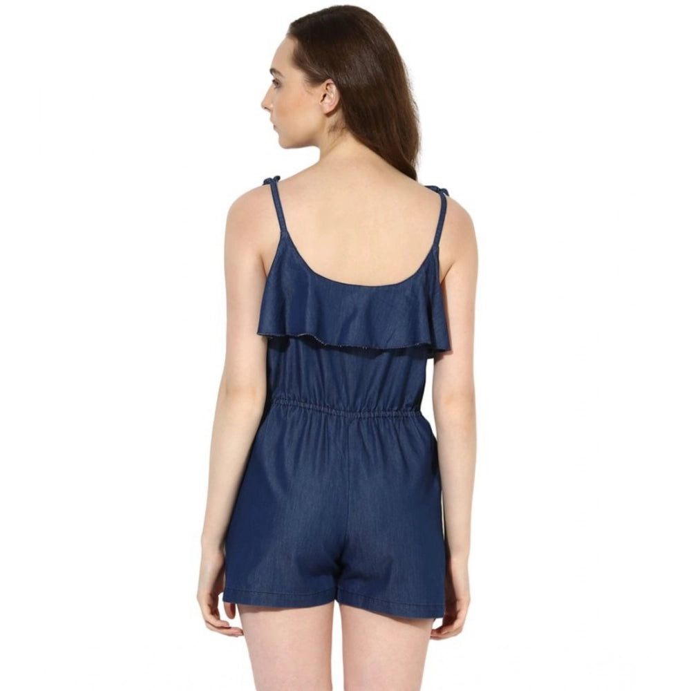 Indoraa Women's Denim Ruffled Shoulder Straps Jumpsuit (Blue)
