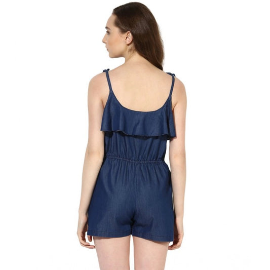 Indoraa Women's Denim Ruffled Shoulder Straps Jumpsuit (Blue)