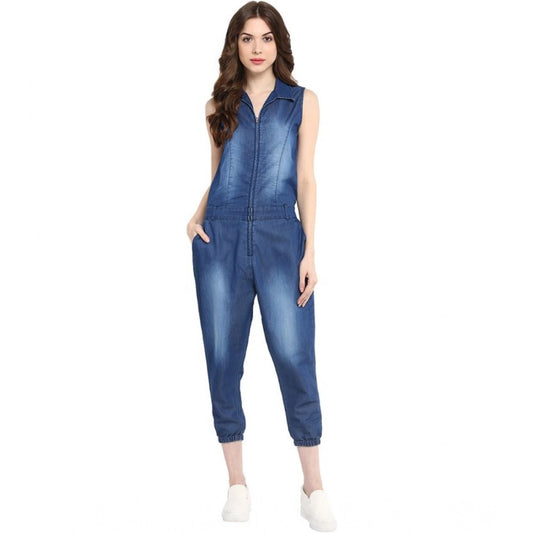 Indoraa Women's Denim Solid Sleeveless Jumpsuit (Blue)