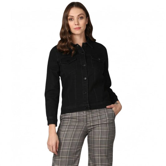 Indoraa Women's Denim Solid Long Sleeve Jacket (Black)