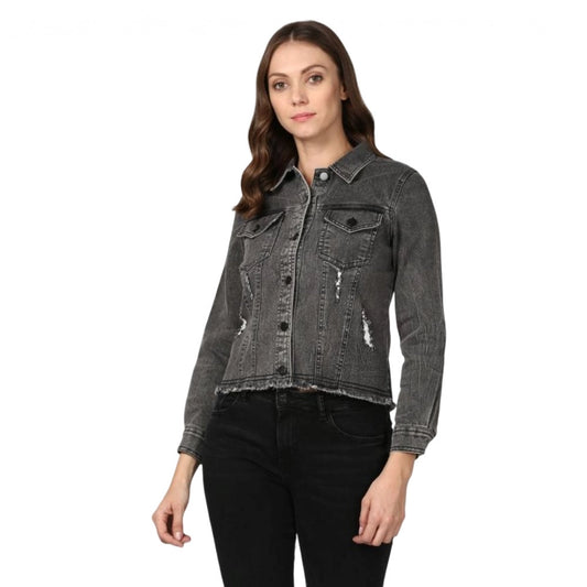 Indoraa Women's Denim Distressed Long Sleeve Jacket (Black)