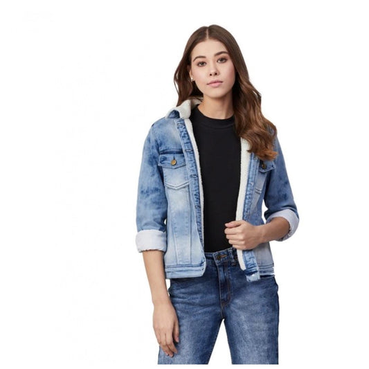 Indoraa Women's Denim Washed Long Sleeve Jacket (Blue)