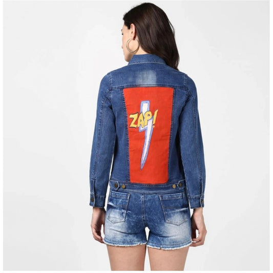 Indoraa Women's Denim Hand Painted Long Sleeve Jacket (Blue)