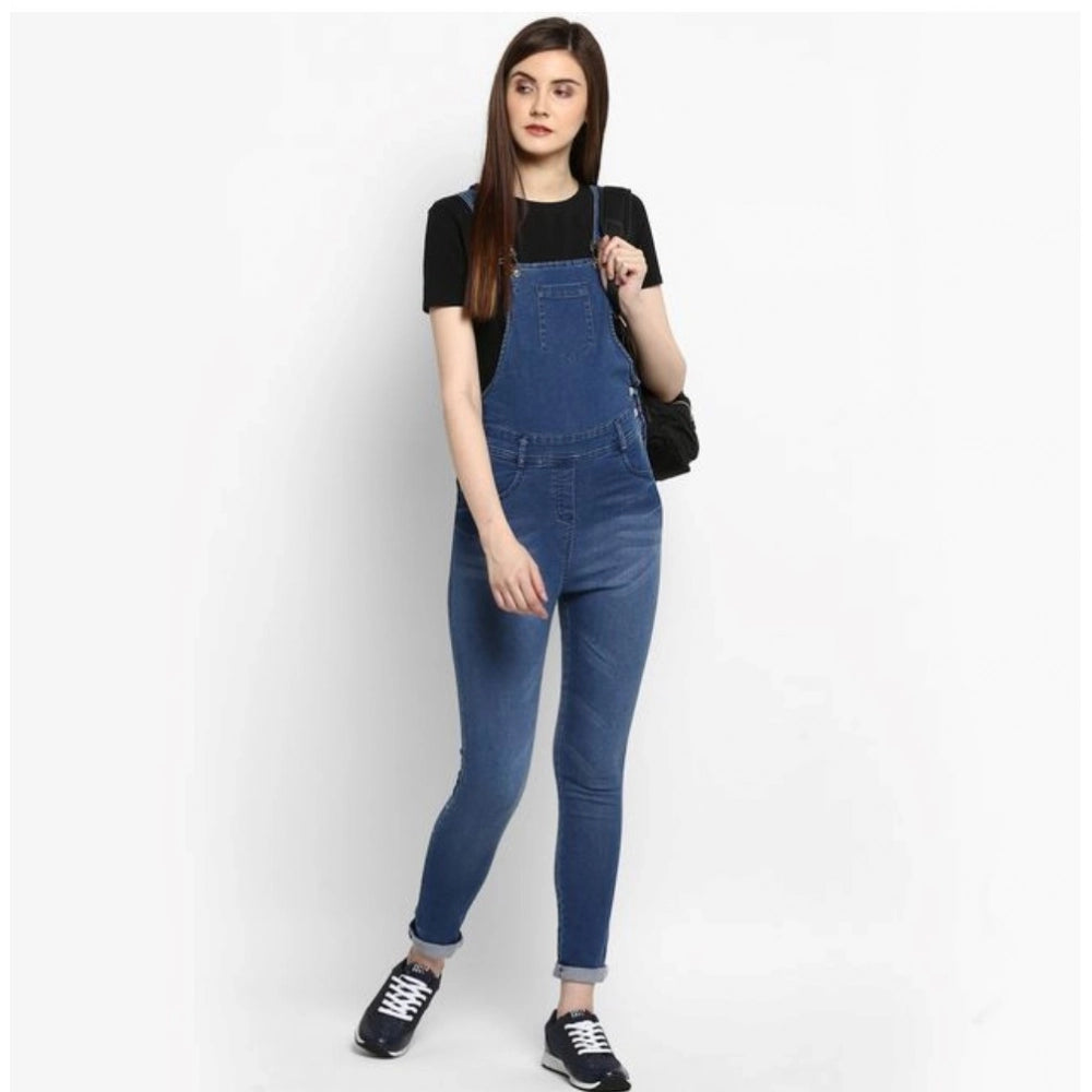 Indoraa Women's Denim Solid Dungaree Pant (Blue)