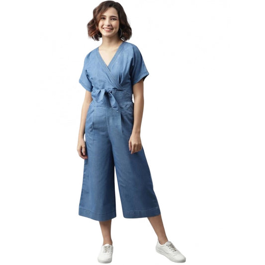 Indoraa Women's Denim Solid Half Sleeve Jumpsuit (Blue)