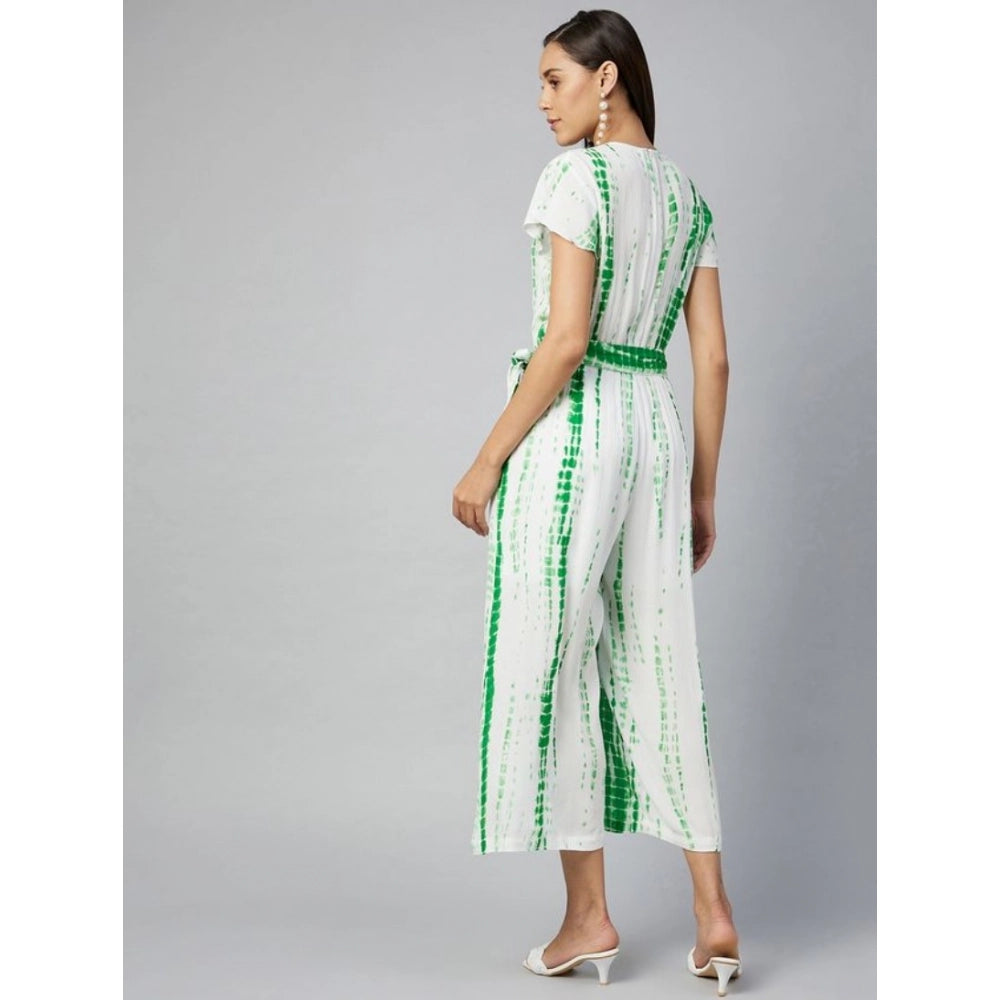 Indoraa Women's Rayon Striped Short Sleeve Jumpsuit (Green - White)