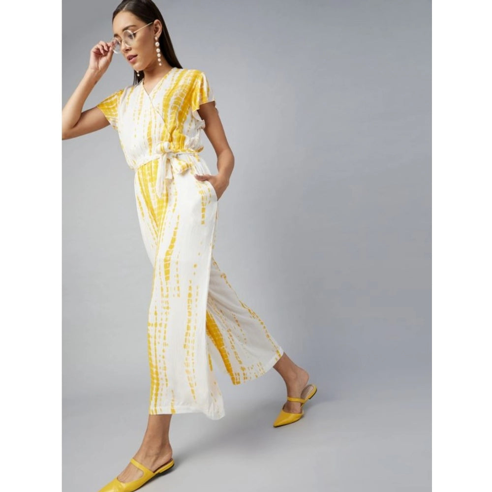 Indoraa Women's Rayon Striped Short Sleeve Jumpsuit (Yellow - White)