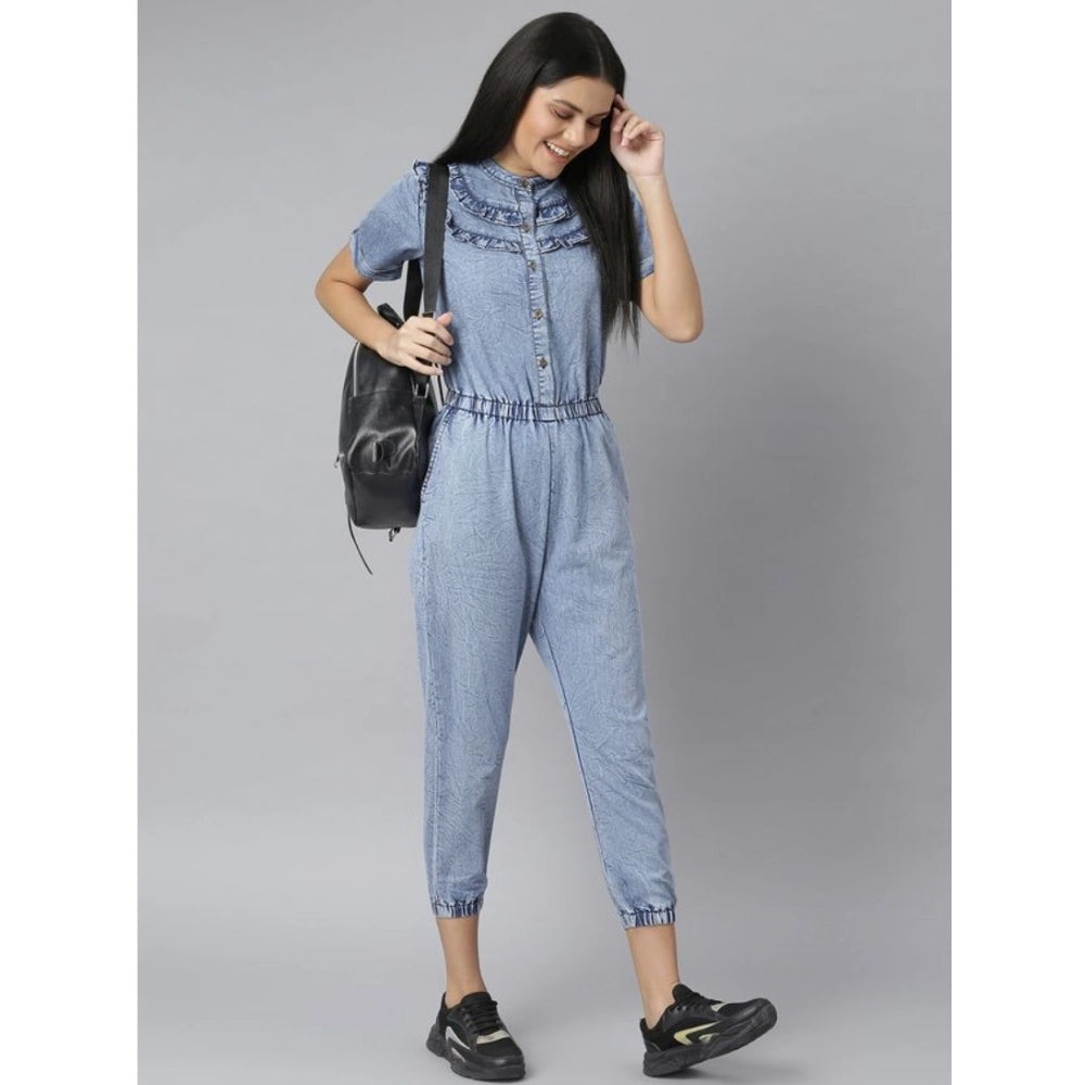 Indoraa Women's Denim Self Design Tie Ups Jumpsuit (Blue)