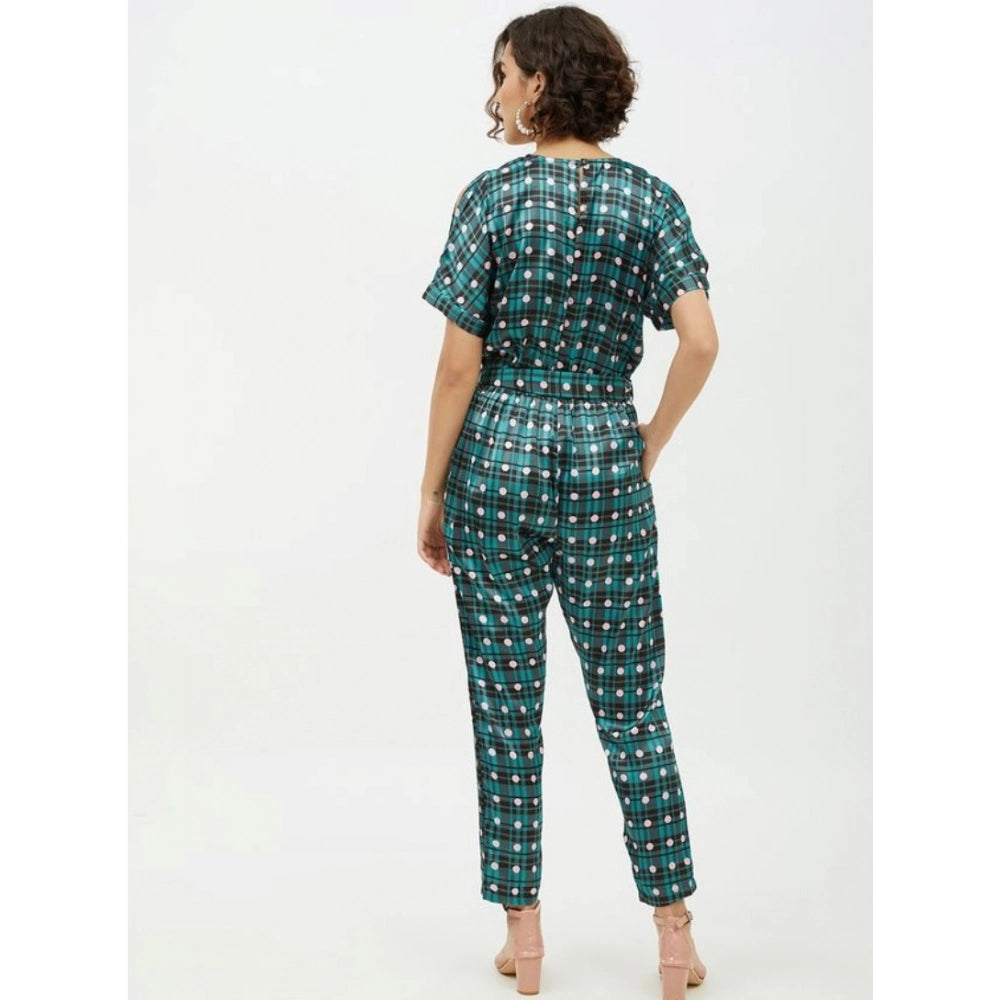Indoraa Women's Polyester Polka Short Sleeve Jumpsuit (Green)