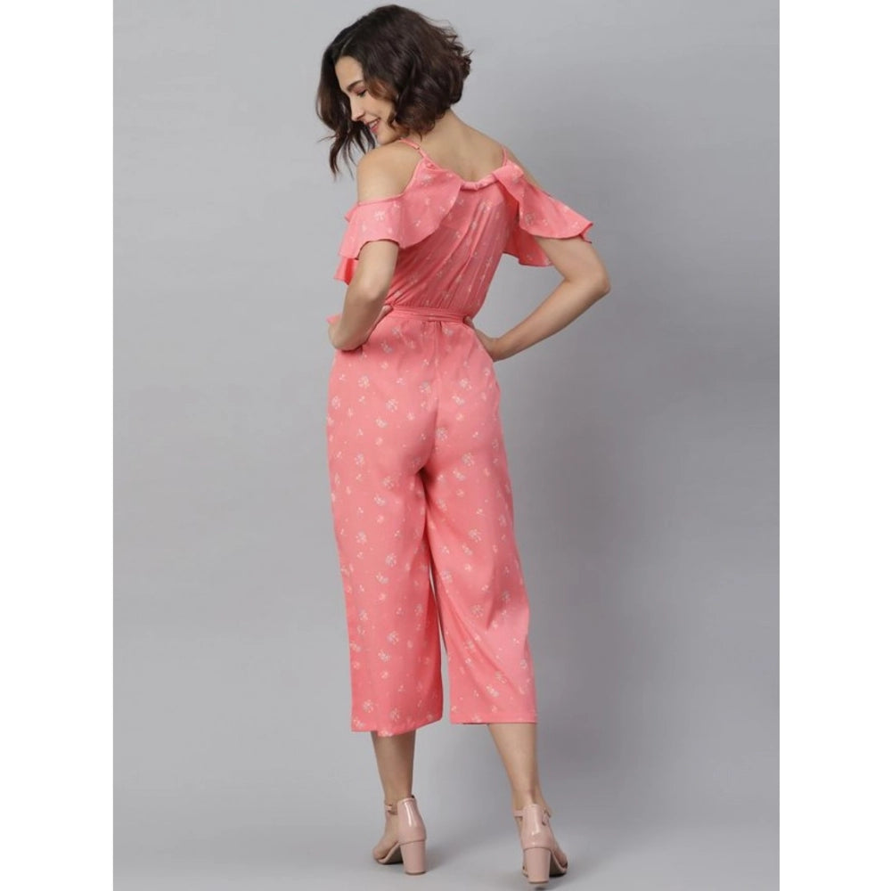 Indoraa Women's Polyester Floral Cold Shoulder Jumpsuit (Pink)