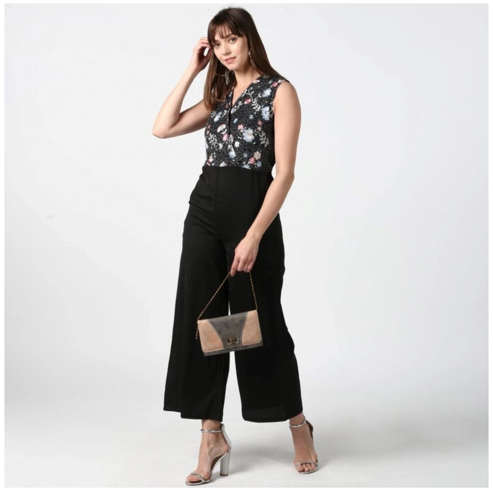 Indoraa Women's Polyester Embroidered Sleeveless Jumpsuit (Black)