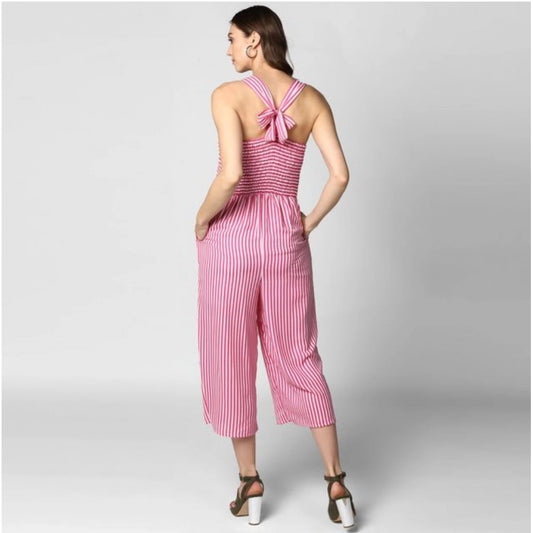Indoraa Women's Polyester Striped Sleeveless Jumpsuit (Pink)