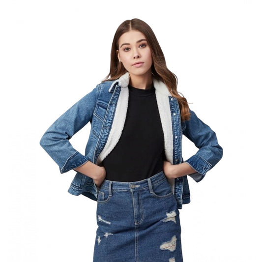 Indoraa Women's Denim Washed Long Sleeve Jacket (Blue)