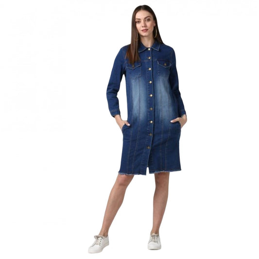 Indoraa Women's Denim Washed Long Sleeve Jacket (Navy Blue)