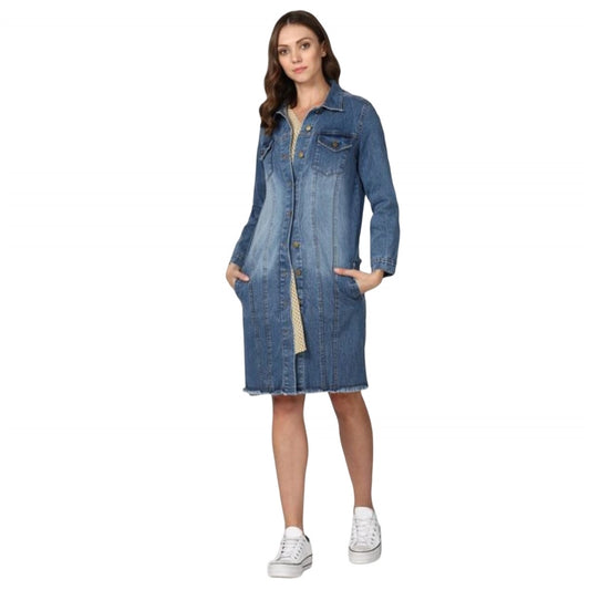 Indoraa Women's Denim Washed Long Sleeve Jacket (Blue)