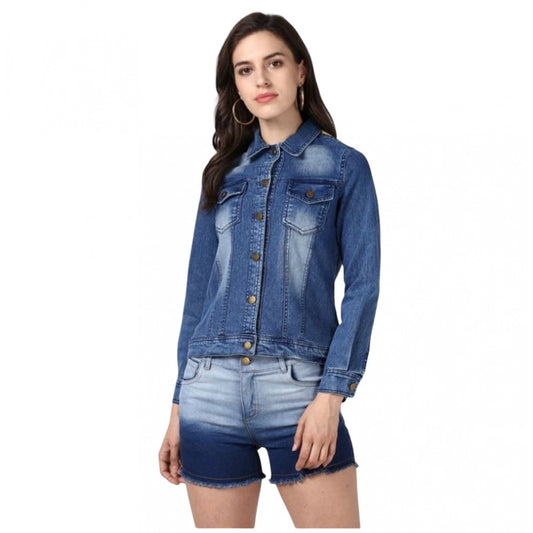 Indoraa Women's Denim Hand Painted Long Sleeve Jacket (Blue)