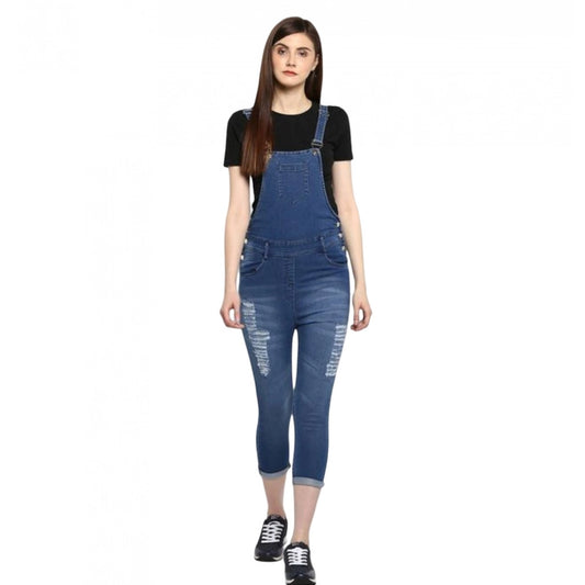 Indoraa Women's Denim Solid Dungaree Pant (Blue)