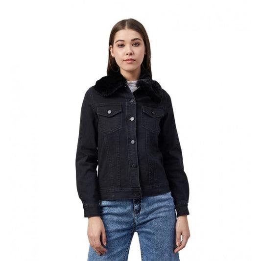 Indoraa Women's Denim &amp; Faux Fur Washed Long Sleeve Jacket (Black)