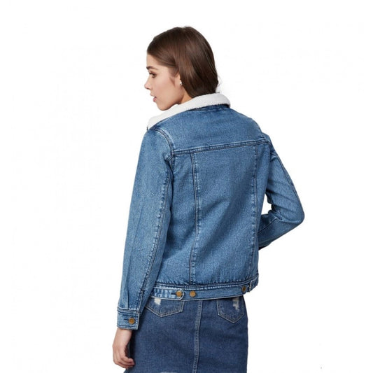 Indoraa Women's Denim Washed Long Sleeve Jacket (Blue)