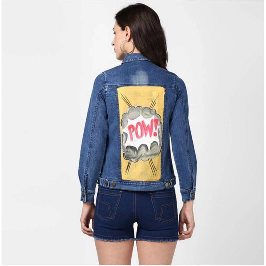 Indoraa Women's Denim Hand Painted Long Sleeve Jacket (Blue)