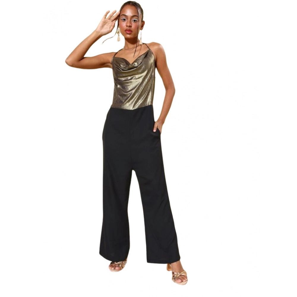 Indoraa Women's Polyester Embellished Sleeveless Jumpsuit (Gold)