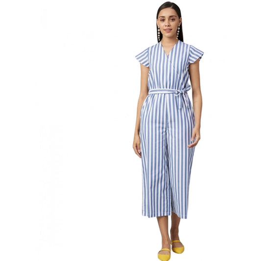 Indoraa Women's Cotton-Polyester Blend Striped Short Sleeve Jumpsuit (Blue)