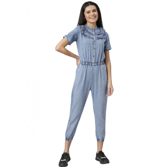 Indoraa Women's Denim Self Design Tie Ups Jumpsuit (Blue)